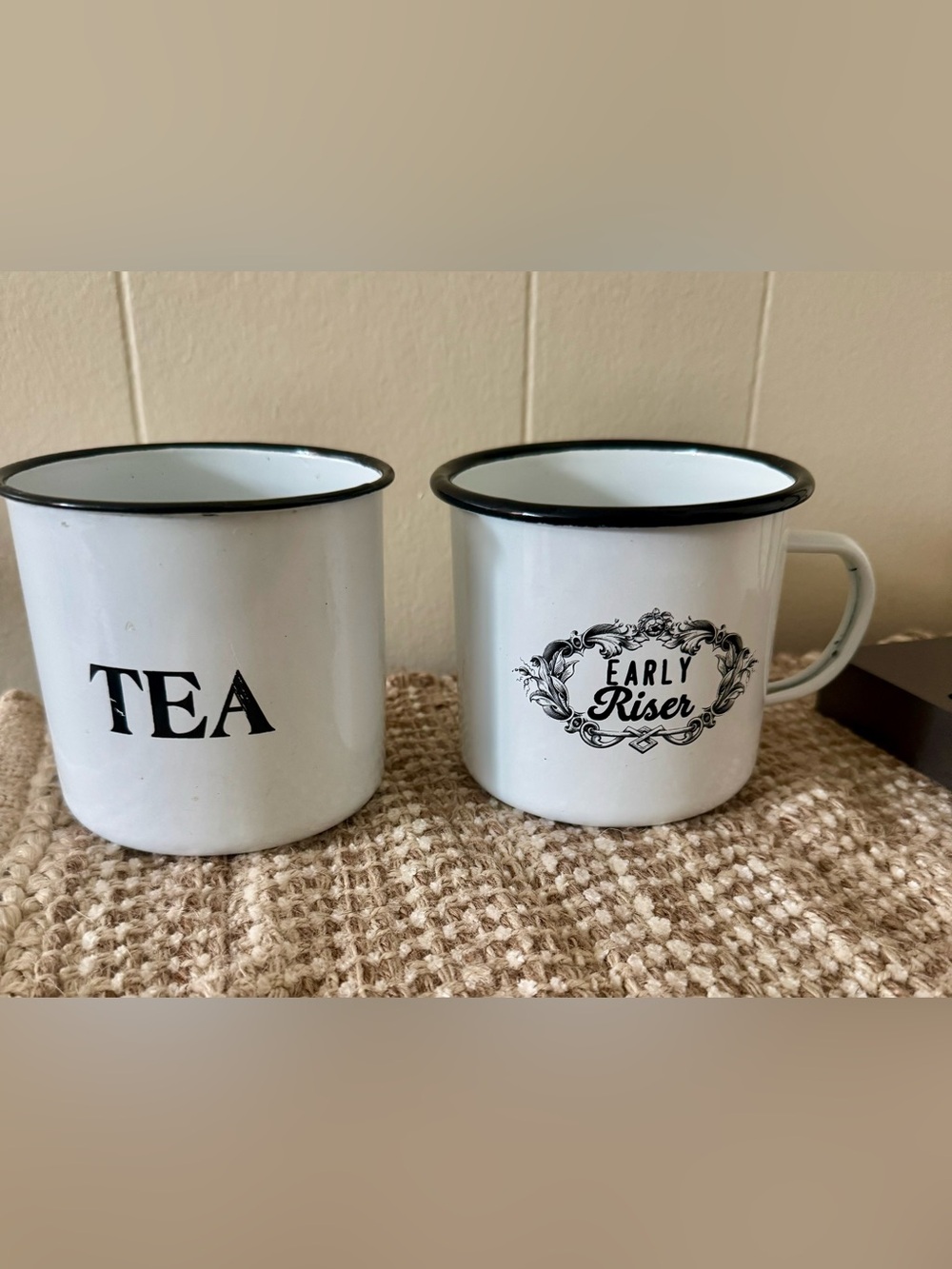 Early Riser White Enamel Mug with Black Rim